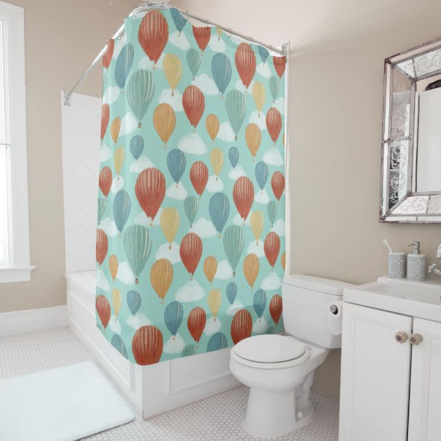 Hot Air Balloons and White Clouds Patterned Shower Curtain (In Situ)