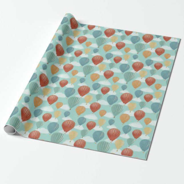 Hot Air Balloons and White Clouds Patterned Wrapping Paper (Unrolled)