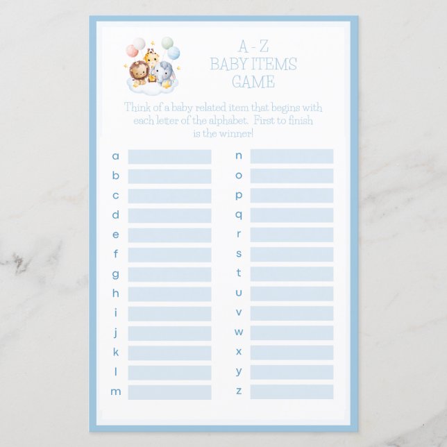 Hot Air Balloons Animals A-Z Baby Shower Game (Front)