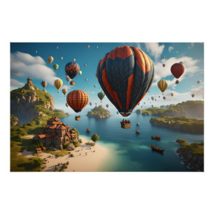 Hot Air Balloons Flying Over Island Poster