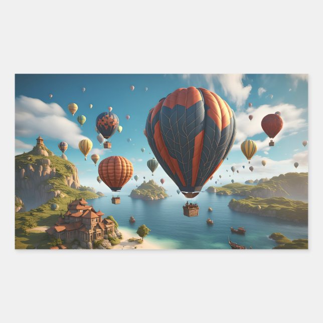 Hot Air Balloons Flying Over Island Rectangular Sticker (Front)