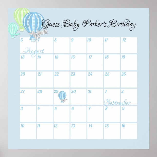 Hot Air Balloons, Guess Baby's Due Date Poster (Front)