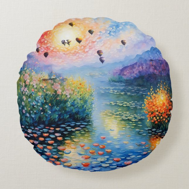 Hot air Balloons over pastel stream Round Cushion (Front)