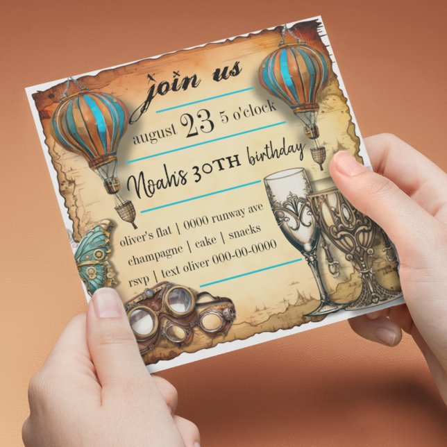 Hot Air Balloons Steampunk Goggles Celebration  Invitation (Vintage industrial steampunk customizable party invitation for celebrations and special occasions)