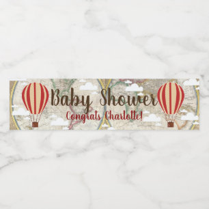 Hot Air Balloons & World Map Baby Shower Water Bottle Label