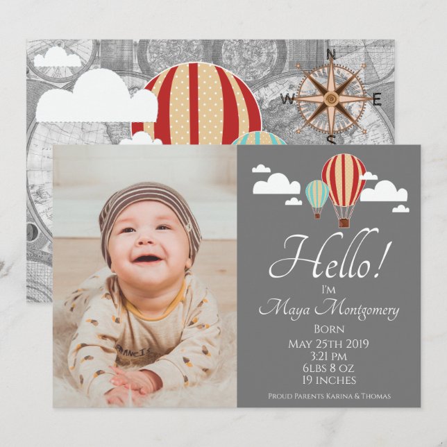 Hot Air Balloons & World Map Birth Announcement (Front/Back)