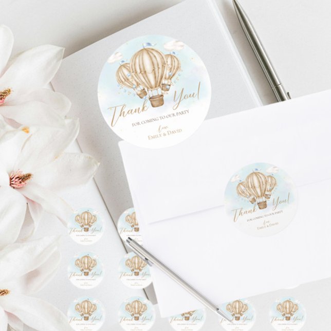 Hot Air brown Balloons blue flags clouds thank you Classic Round Sticker (Creator Uploaded)