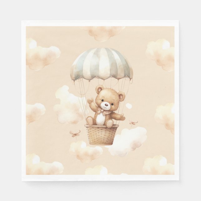 Hot Balloon Teddy Bear Neutral Baby Shower Napkin (Front)
