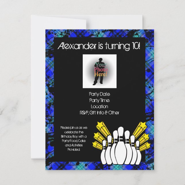 Hot Blue Boy's Photo Bowling Party Invitation (Front)