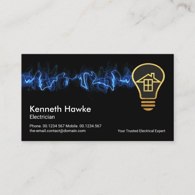 Hot Blue Electrical Lightning Bulb Home Business Card (Front)