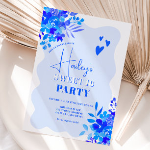 Hot blue wavy frame boho floral Sweet 16 Invitation