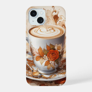 Hot Brew Cappuccino with Silver Flowers Cup iPhone 15 Case
