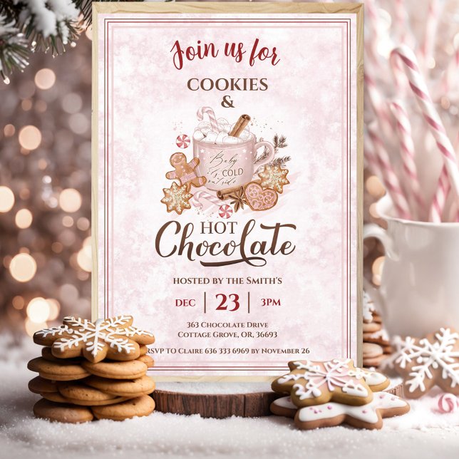 Hot Chocolate And Cookies Pink Christmas Party Invitation (Hot Chocolate And Cookies Pink Christmas Party Invitation)