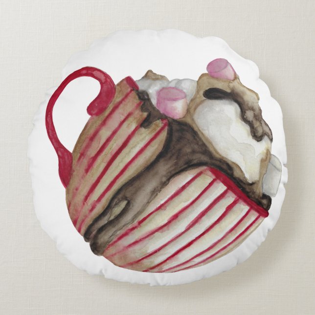 Hot chocolate and marshmallows cocoa sundae throw  round cushion (Front)