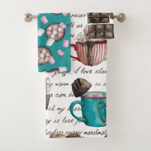 Hot chocolate candy sweets and scroll winter bath towel set