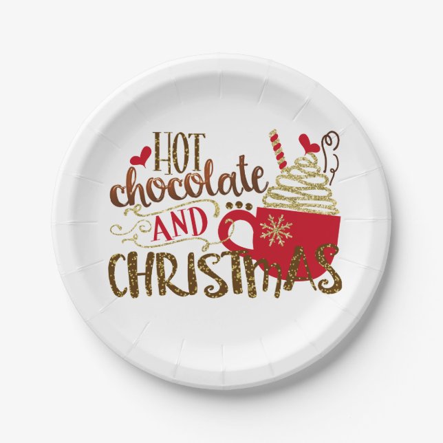 Hot Chocolate & Christmas Holiday Glitter Sparkle Paper Plate (Front)