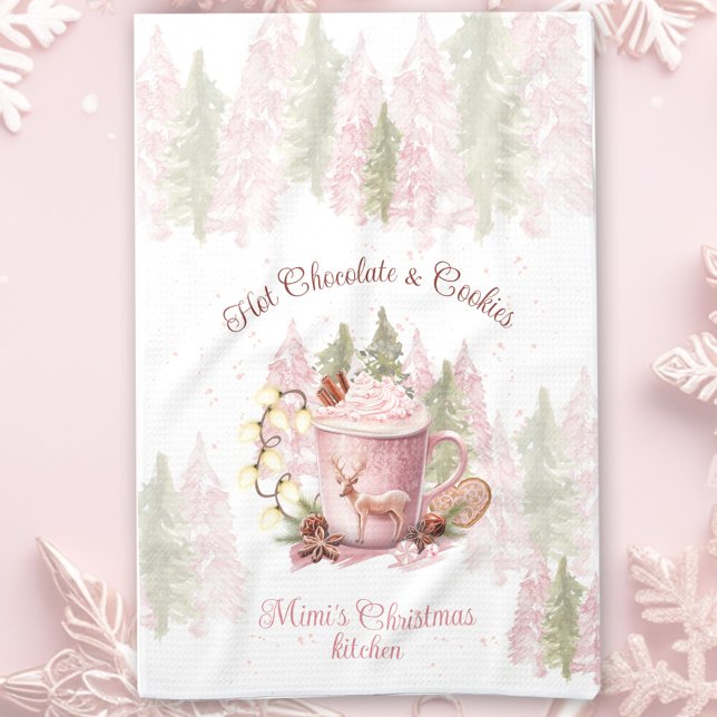 Hot Chocolate & Cookies Name Pink Christmas Tea Towel (Hot Chocolate & Cookies Name Pink Christmas Kitchen Towel)