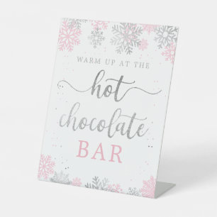 Hot Chocolate Pink Silver Winter Snowflakes Pedestal Sign