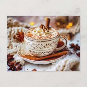 hot chocolate, rich and creamy, cosy evening holiday postcard