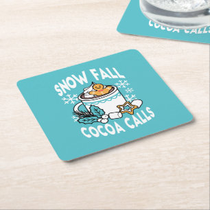 Hot Cocoa and Winter Charm - Snow Fall Cocoa Calls Square Paper Coaster