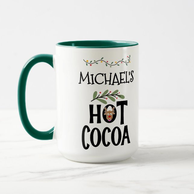 Hot Cocoa Christmas Reindeer Kids & Custom Name Mug (Left)