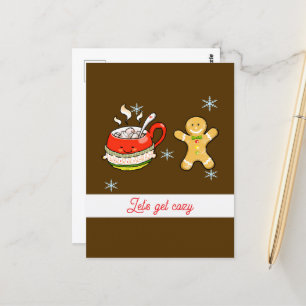 hot cocoa drink + gingerbread man postcard