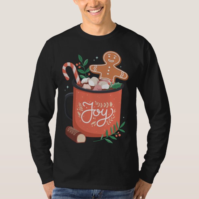 Hot Cocoa Gingerbread Man with Candy Cane Joy T-Shirt (Front)