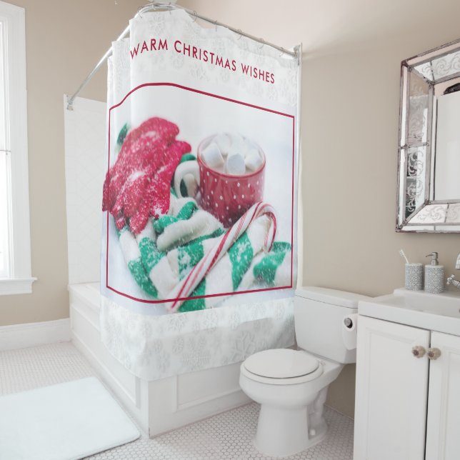 Hot Cocoa Marshmallows & Candy Cane Christmas Shower Curtain (In Situ)