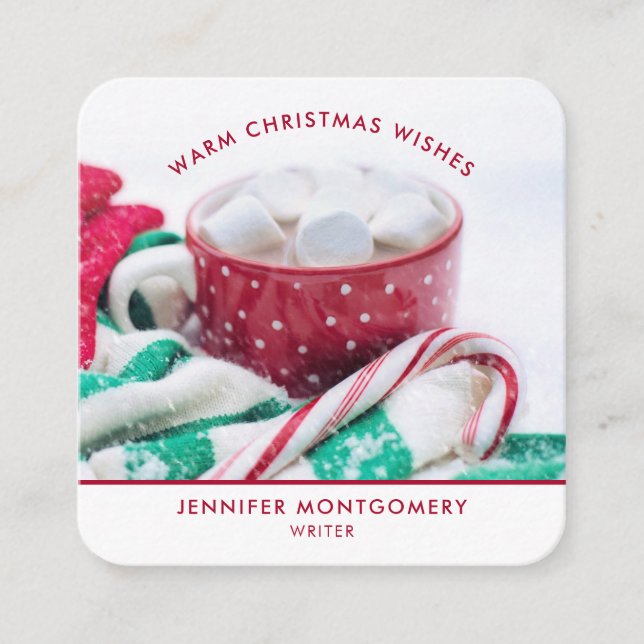 Hot Cocoa Marshmallows & Candy Cane Christmas Square Business Card (Front)