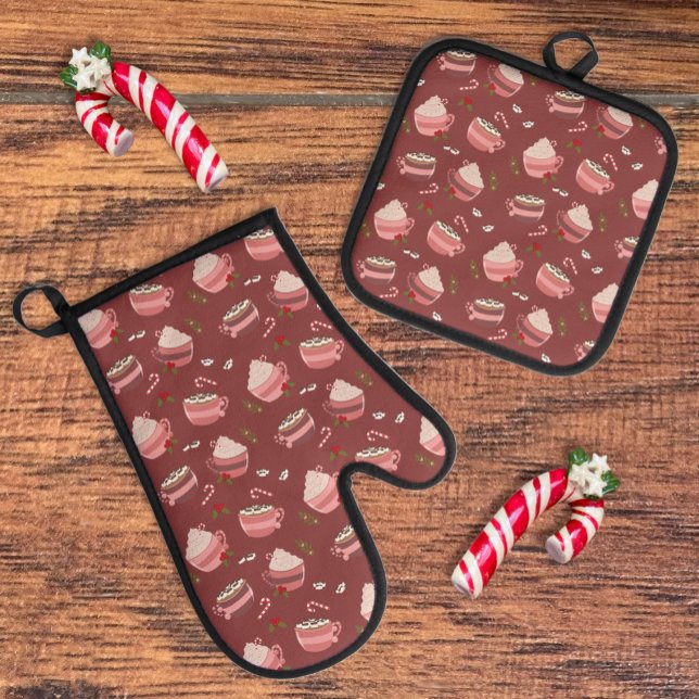 Hot Cocoa Mugs Pattern Oven Mitt Pot Holder Set (Festive Holiday oven mitt and pot holder set with a cute hot cocoa mug pattern . )