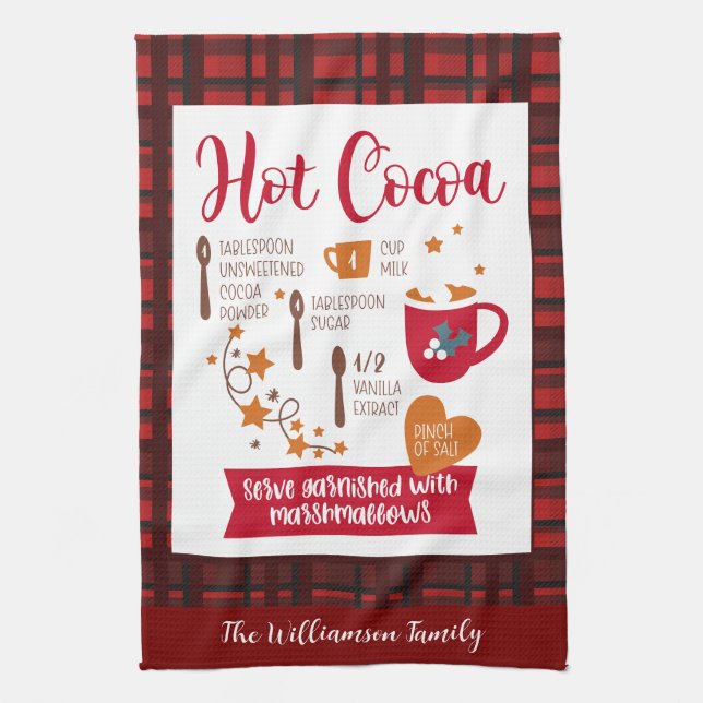 Hot Cocoa Recipe Festive Red Plaid Custom Tea Towel (Vertical)