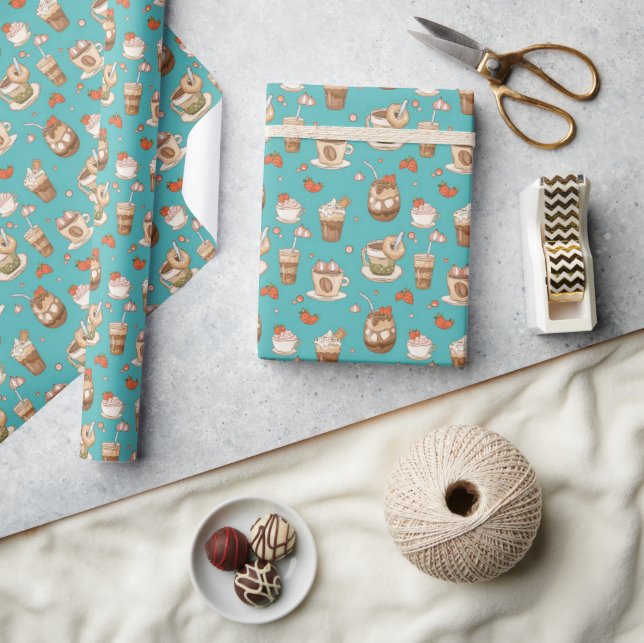 Hot Cocoa Winter Drinks Green Background Pattern Wrapping Paper (Crafts)