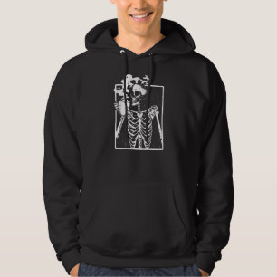 Hot Coffee Drinking Skeleton Creepy Halloween Back Hoodie