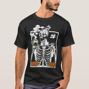 Hot Coffee Skeleton Drinking Halloween Skull Pumpk T-Shirt