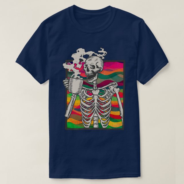 Hot Coffee Skeleton, Skeleton Drinking Coffee Funn T-Shirt (Design Front)
