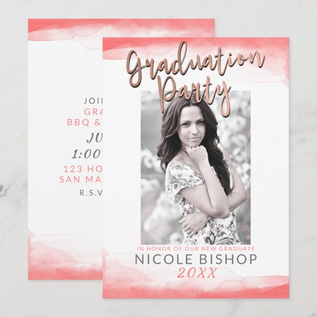 Hot Coral Modern Rose Gold Graduation Party Photo Invitation (Front/Back)