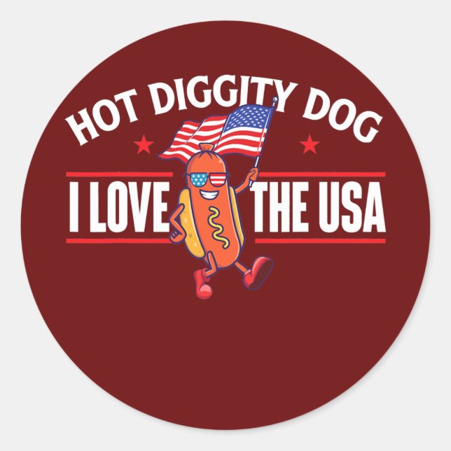 Hot Diggity Dog USA American Flag 4th of July Classic Round Sticker (Front)