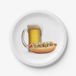Hot Dog and Beer On White Paper Plate