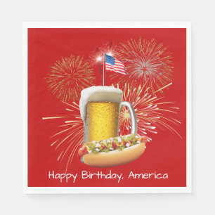 Hot Dog and Beer With Fireworks and Flag Napkin