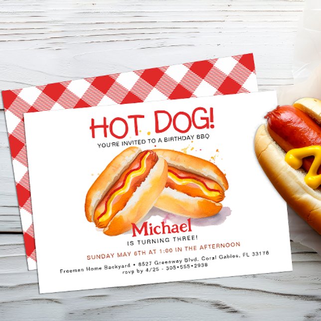 Hot Dog Birthday Party Invitation – Kids Backyard  (Hot Dog Cookout Invite)