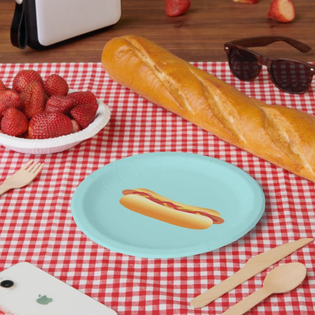 Hot Dog Cartoon Drawing On Blue Background Paper Plate (Picnic)