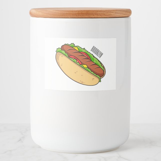 Hot dog cartoon illustration food label (Front)