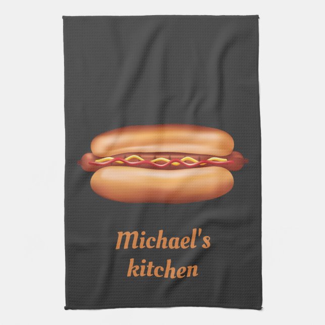 Hot Dog Fast Food Illustration With Custom Text Tea Towel (Vertical)