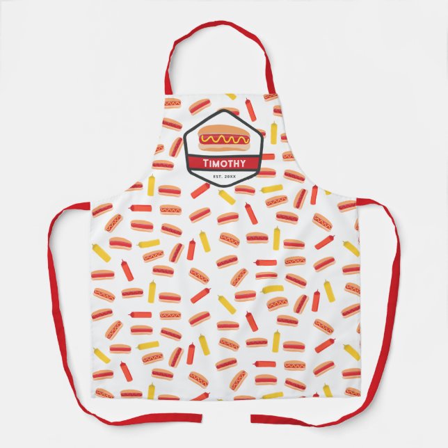 Hot Dog Fast Food Pattern Retro BBQ Monogram Apron (Front)