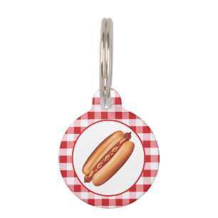 Hot Dog Fast Food Snack On Red Gingham Pet Tag