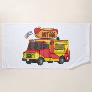 Hot dog food truck cartoon illustration beach towel