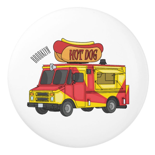 Hot dog food truck cartoon illustration ceramic knob (Front)