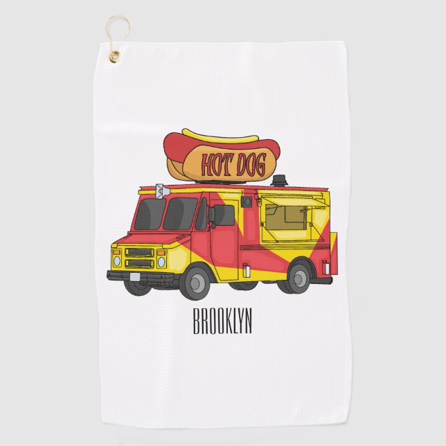 Hot dog food truck cartoon illustration golf towel (Front)