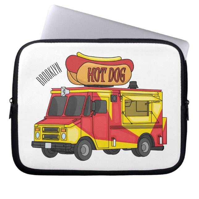 Hot dog food truck cartoon illustration laptop sleeve (Front)
