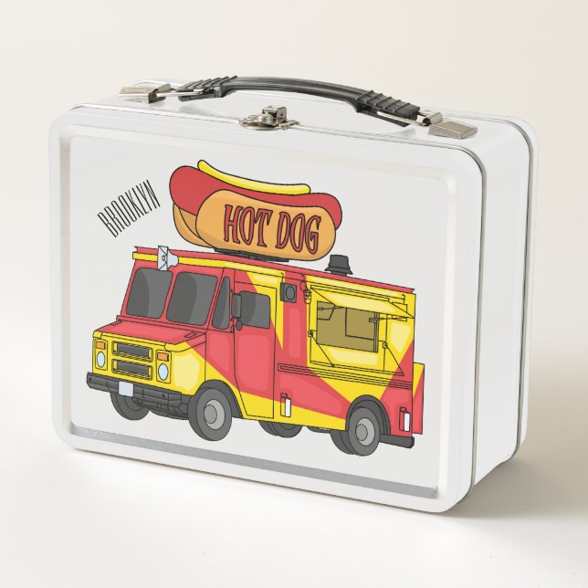Hot dog food truck cartoon illustration metal lunch box (Front)